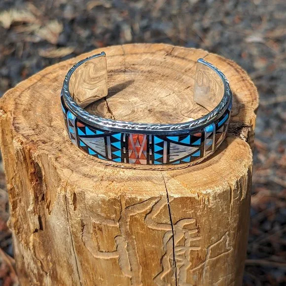 Native American Handmade Cuff‎ Bracelet Zuni Inlay Sterling Silver sz7US *** - Picture 10 of 11